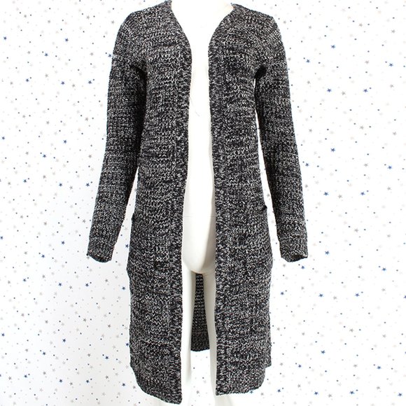 Black White Waffle Knit Duster Long Sweater Cardigan - Picture 2 of 7